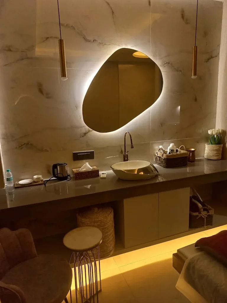 Warm illuminated spa room detail